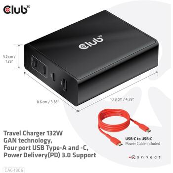Club3D зарядное устройство CAC-1906 132W, 3 USB Type-C, 1 USB Type-A, 100-240V, PD 3.0, защита от перегрузки и короткого замыкания (CAC-1906)