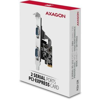 Axagon Адаптер PCEA-S2N 2x RS-232 250 кBd PCIe 5 Gbit/s, XON/XOFF, 256 B FIFO, черный, CE, RoHS (PCEA-S2N)