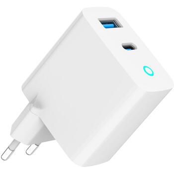Gembird Зарядное устройство TA-UC-PDQC65L-W-01 65 Вт, 2 порта, 1 Type-C, 1 Type-A, GaN, Индикатор зарядки, Универсальное (TA-UC-PDQC65L-W-01)
