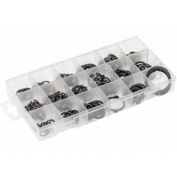 Hogert Snap Ring Set HT8G503, 225pcs, tērauds, 3-32mm, ārējie, iekšējie, 18 izmēri, plastmasas kase (HT8G503)