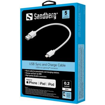 Sandberg 441-19 USB>Lightning MFI кабель, 0,2 м, белый, совместим с iPhone/iPad/iPod (441-19)