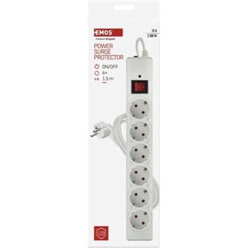 Emos Защита от перенапряжения P54215, 1,5 м, 6 розеток, 2300 Вт, 10 А, защита от детей, подсвеченный выключатель (P54215)