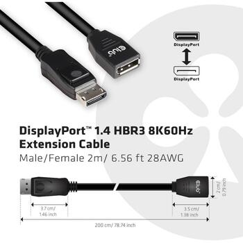 Club3D видео кабельный адаптер CAC-1022, 2м, 32.4Гбит/с, 8K @ 60Гц, 144Гц, 28AWG, прямой разъем, M/F (CAC-1022)