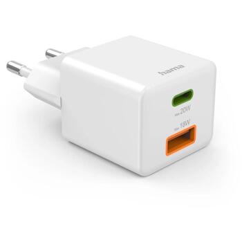 Hama Зарядное устройство 00201991, 100–240V AC, 20W USB-C, 18W USB-A, 2 порта, Power Delivery, белый (00201991)
