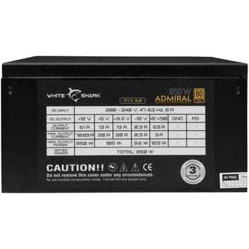 White Shark Barošanas bloks ADMIRAL, 850 W, ATX, 80 Plus Gold, 2x6+2 Pin, 6 SATA, 3 Molex, hidrauliskais ventilators (ADMIRAL)