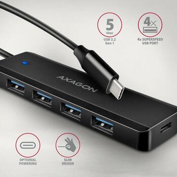 Axagon USB centrmezgls HUE-C1C 4x USB 5Gbps, strāvas kabelis 19 cm, atbalsta Android, Windows, Mac OS (HUE-C1C)