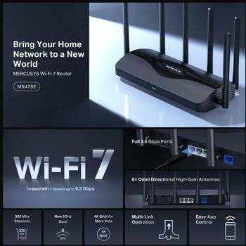 Mercusys беспроводной маршрутизатор MR47BE, 9300 Mbit/s, 4 порта, Три диапазона (2.4 GHz / 5 GHz / 6 GHz), 6 антенн, WPA3 (MR47BE)