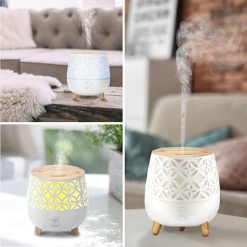 Rio Aroma eļļas difuzors DHTA-EU/1,2, 120ml, 5W, 15m², automātiska izslēgšanās, LED gaismas, balta/koka (DHTA-EU/1,2)