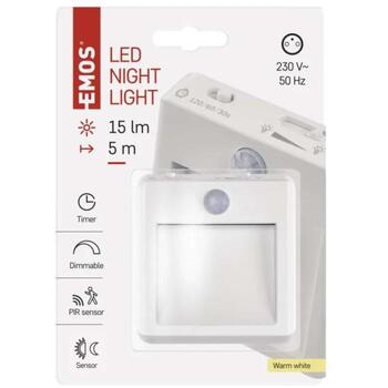 Emos LED Ночник P3319, 230 V, 0,5 W, 15 lm, 5 м, теплый белый свет, фото датчик, датчик движения, регулируемый режим (P3319)