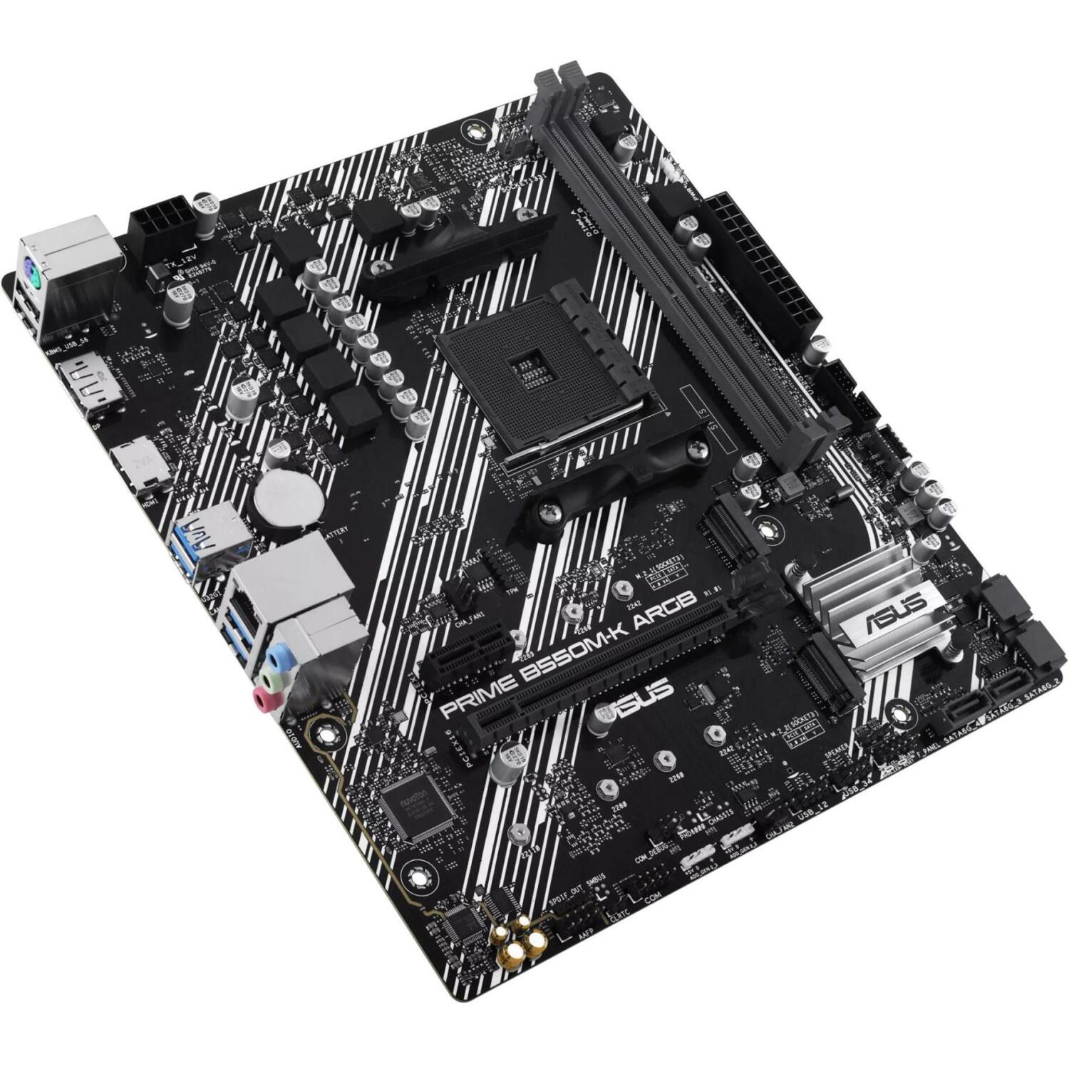 Asus Dēlis PRIME B550M-K ARGB, AM4, DDR4, 64 GB, 2 x M.2, 4 x SATA III, 1 x HDMI, 1 x DisplayPort, 7.1 audio, RGB (PRIMEB550M-KARGB)