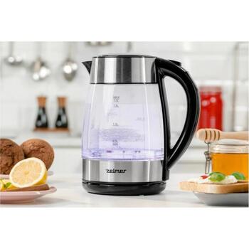 Zelmer ZCK8026 электрический чайник, 71504818P, 1.7л, 2200Вт, 4 темп., стекло/нерж. сталь, черный/прозрачный, автоотключение (71504818P)