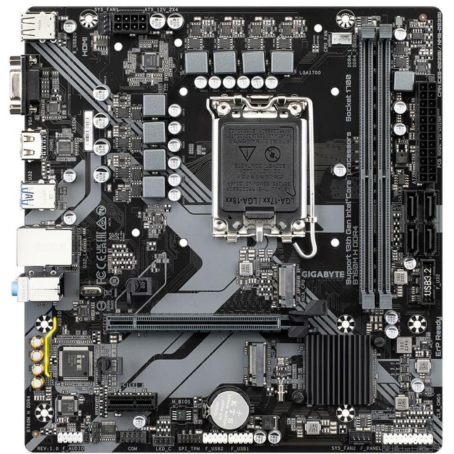 Gigabyte B760M H DDR4, LGA 1700, 6+1+1 фазы, 64 ГБ DDR4, 2x PCIe 4.0 M.2, GbE LAN, 1x HDMI, 2x USB 2.0 (B760MHDDR4)