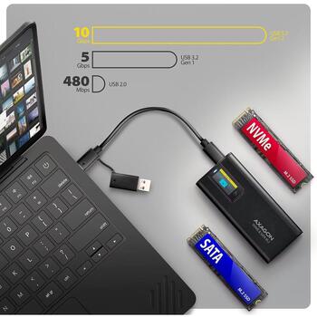 EEM2-SD2B Obudowa zewnętrzna aluminiowa bezśrubowa USB-A/C 3.2 Gen2 M.2 NVMe/SATA wyświetlacz LED, czarny (EEM2-SD2B)