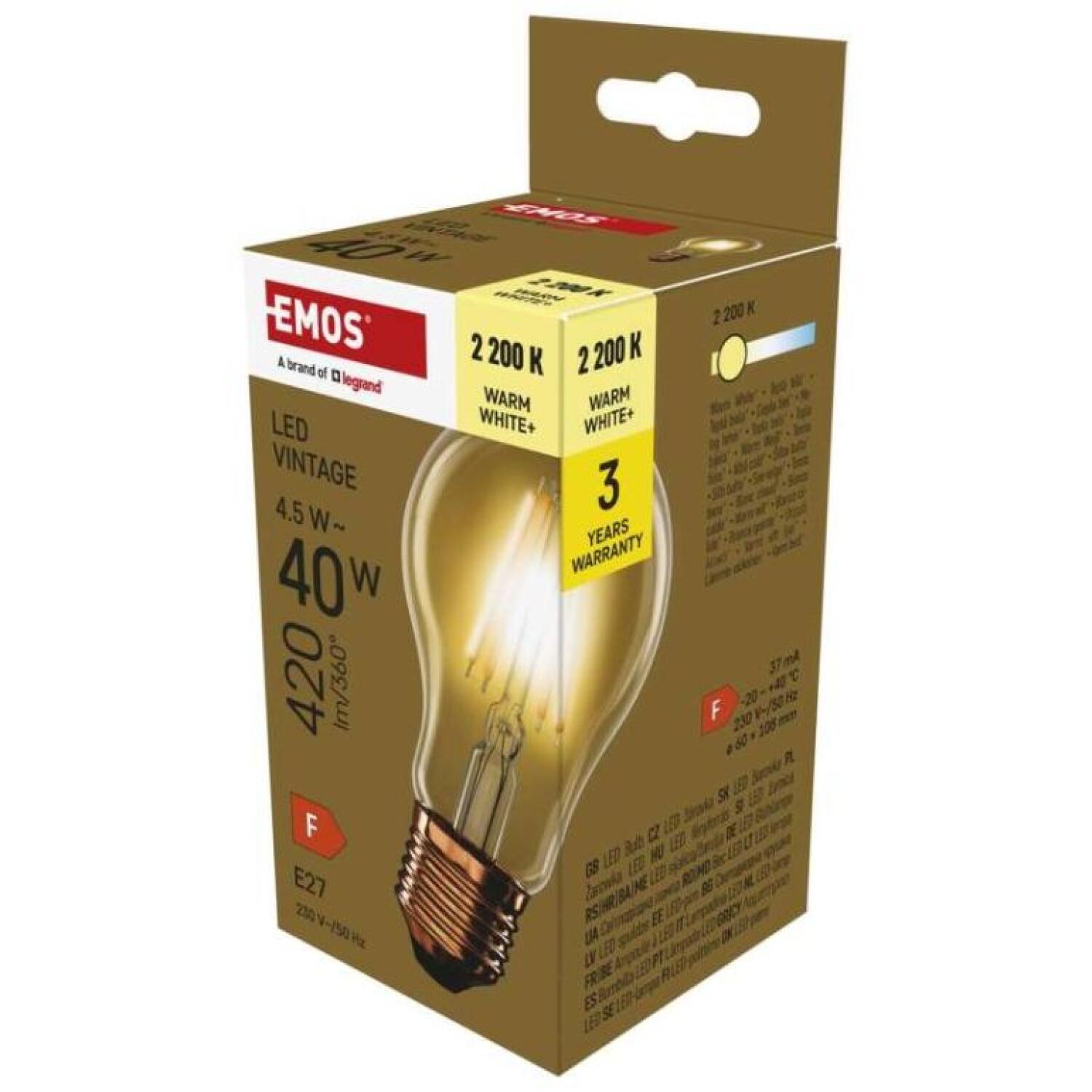 Emos LED лампочка Vintage A60 Z55032, 4,5 Вт, 420 лм, 230 В/50 Гц, 320°, 2200 K, E27, 25 000 часов, 4 чипа, теплый белый (Z55032)