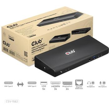 Club3D dokstacija CSV-1562 USB 3.2 Gen 1, 4x USB Type-A, 1x USB Type-C, 3x 4K displeji, 60W PD, Gigabit Ethernet, melna (CSV-1562)