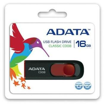 Adata USB флеш-накопитель AC008-16G-RKD 16GB, USB 2.0, черный, красный, Plug and Play, выдвижной разъем (AC008-16G-RKD)