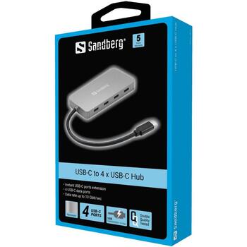 Sandberg USB-C на 4 x USB-C хаб 136-41, 4 x USB 3.2 Gen 1, 10000 Mbit/s, алюминий, серый (136-41)