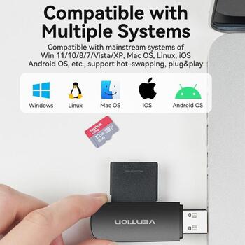 Vention atmiņas karšu lasītājs CLEB0, 60mm, USB, melns, 2 sloti, 1 gab., polietilēna maisiņš, saderīgs ar Win 11/10/8/Vista/XP (CLEB0)