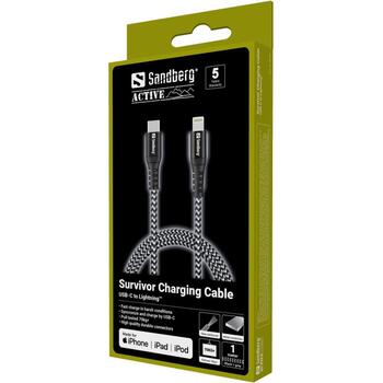 Sandberg USB kabelis 441-55, 1m, 60W, 3A, 480 Mb/s, USB Type-C uz Lightning, melna un balta krāsa, izturīgi savienotāji (441-55)