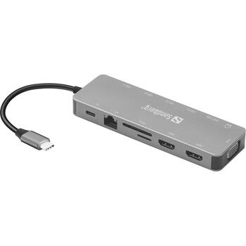 Sandberg USB-C 13-in-1 дорожная док-станция 136-45, 1xUSB-C для питания, 1xUSB-C для данных, 2xHDMI, 1xVGA, 3xUSB 3.0 A, 1xUSB 2.0 (136-45)