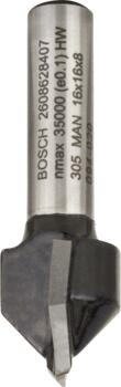 V-gropes frēze HM 90o, l=16mm,kāts 8mm, Rokas frēzēm, malu frēzēm V VEIDA GROPJU FRĒZE STANDARD FOR WOOD V-GROOVE BIT, 2608628407, BOSCH (2608628407)