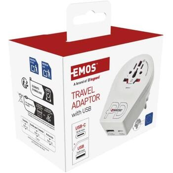 Emos Universāls ceļojumu adapters P0055U, balts, 1×USB-A 5V 3A, 1×USB-C 5V 3A, 100-250V~/16A max (P0055U)