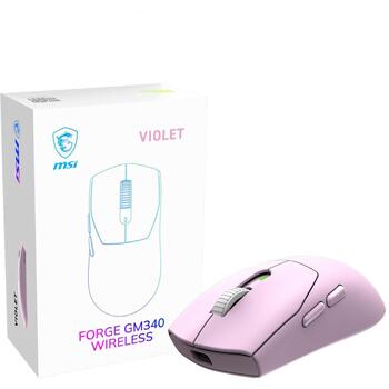 MSI FORGE GM340 WIRELESS VIOLET, bezvadu optiskā pele, 12000DPI, 1ms, 6 pogas, 57g, 82h, Bluetooth 5.2, 2.4GHz (FORGE GM340 W VIOLET)