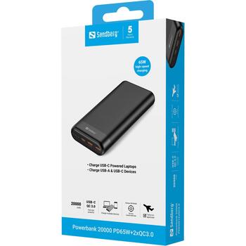 Sandberg Power Bank аккумулятор 420-62, 20000 mAh, 65 W, Li-Ion, Quick Charge 3.0, USB Type-C, 2x USB Type-A, черный (420-62)