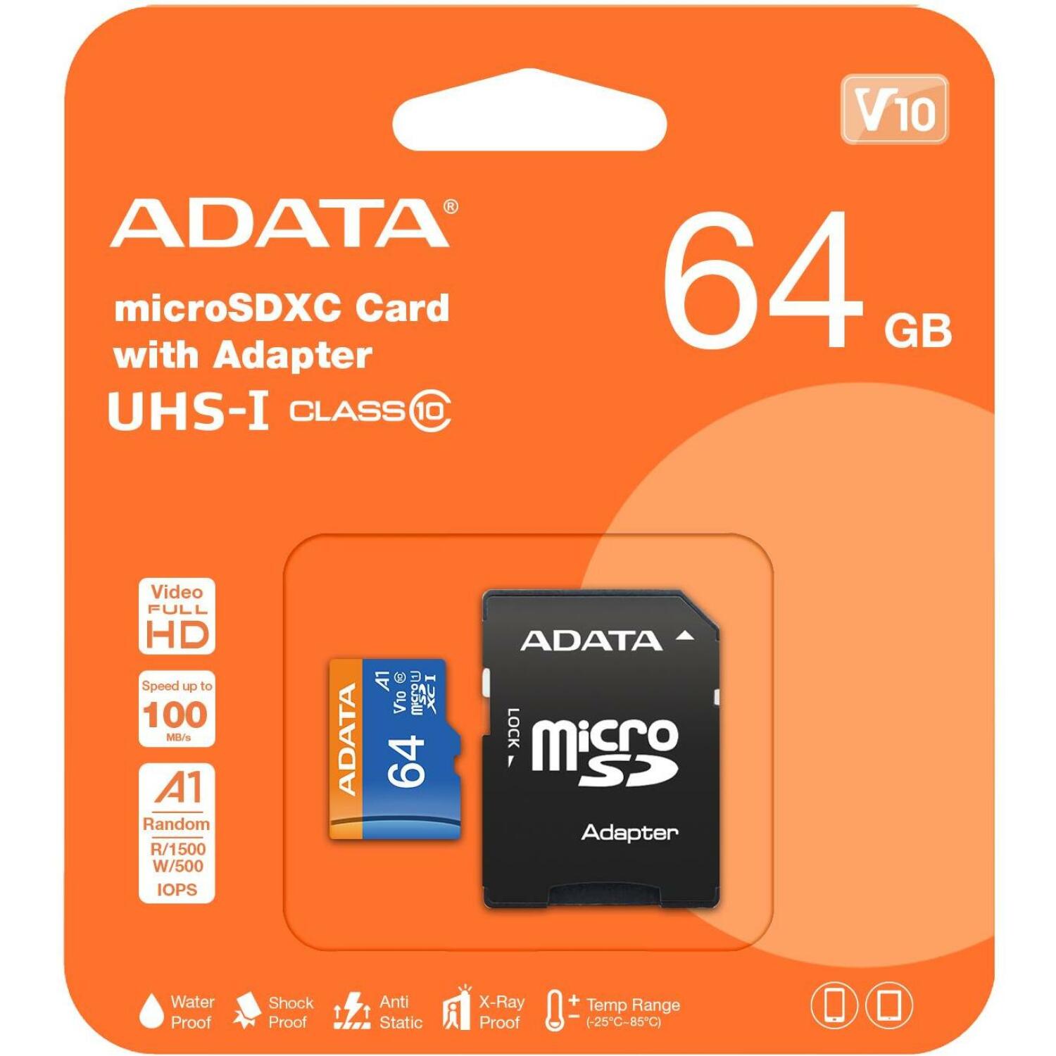 Adata карта памяти micro SDXC 64GB, AUSDX64GUICL10A1-RA1, 64GB, 85MB/s, 25MB/s, UHS-I, Class 10, Class 1 (U1), черный/синий (AUSDX64GUICL10A1-RA1)