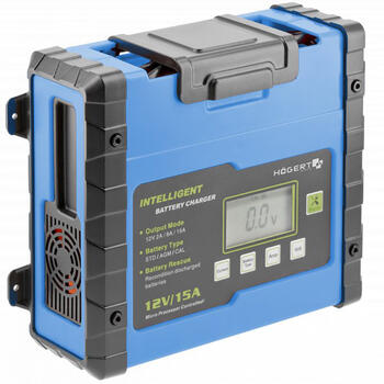 Hogert HT8G613 elektroniskais akumulatoru lādētājs, 12V, 2/8/15A, 15-300Ah, IP20, LCD displejs, 1m kabelis (HT8G613)