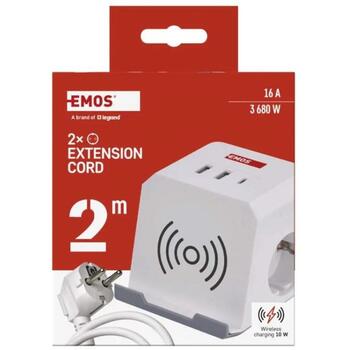 Emos Удлинитель МОДЕЛЬ P0222CQ, 2м, 2×2P+PE, 3 680W, 2×USB-A, 1×USB-C, Qi, защита от детей (P0222CQ)