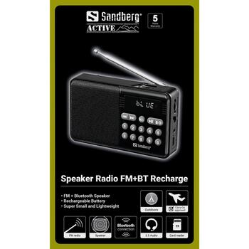 Sandberg 421-18 Speaker Radio FM+BT, 5W, FM 87.5-108 MHz, BT 5.0, 1200 mAh, 15h, USB, MicroSD, displejs, kabatas lukturis (421-18)
