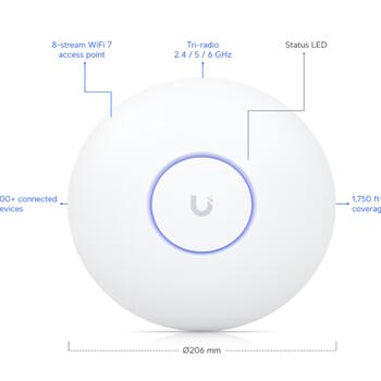 Wi Fi 7 piekļuves punkts trīsbanda 2.4 / 5 / 6 GHz 8 telpiskās plūsmas līdz 160 m² pārklājums 500+ ierīces PoE+ 2.5 GbE UniFi U7-PRO-MAX Balts Ubiquiti (U7-PRO-MAX)