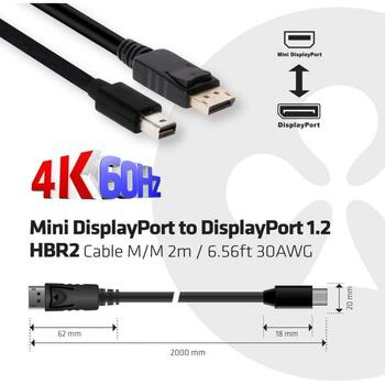 Club3D кабель DisplayPort CAC-2163 Mini DP на DP 2м 21.6 Гбит/с 4K 60Hz, прямой разъем, 1 шт (CAC-2163)