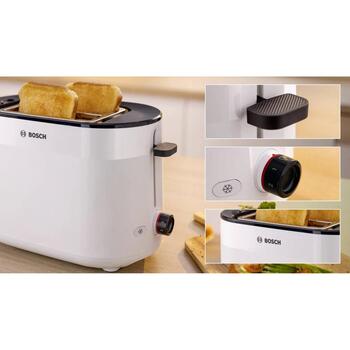 Bosch Tosteris TAT2M121, 950 W, 2, balta, plastmasa, atkausēšana, augstais pacēlums, automātiskā izslēgšanās (TAT2M121)