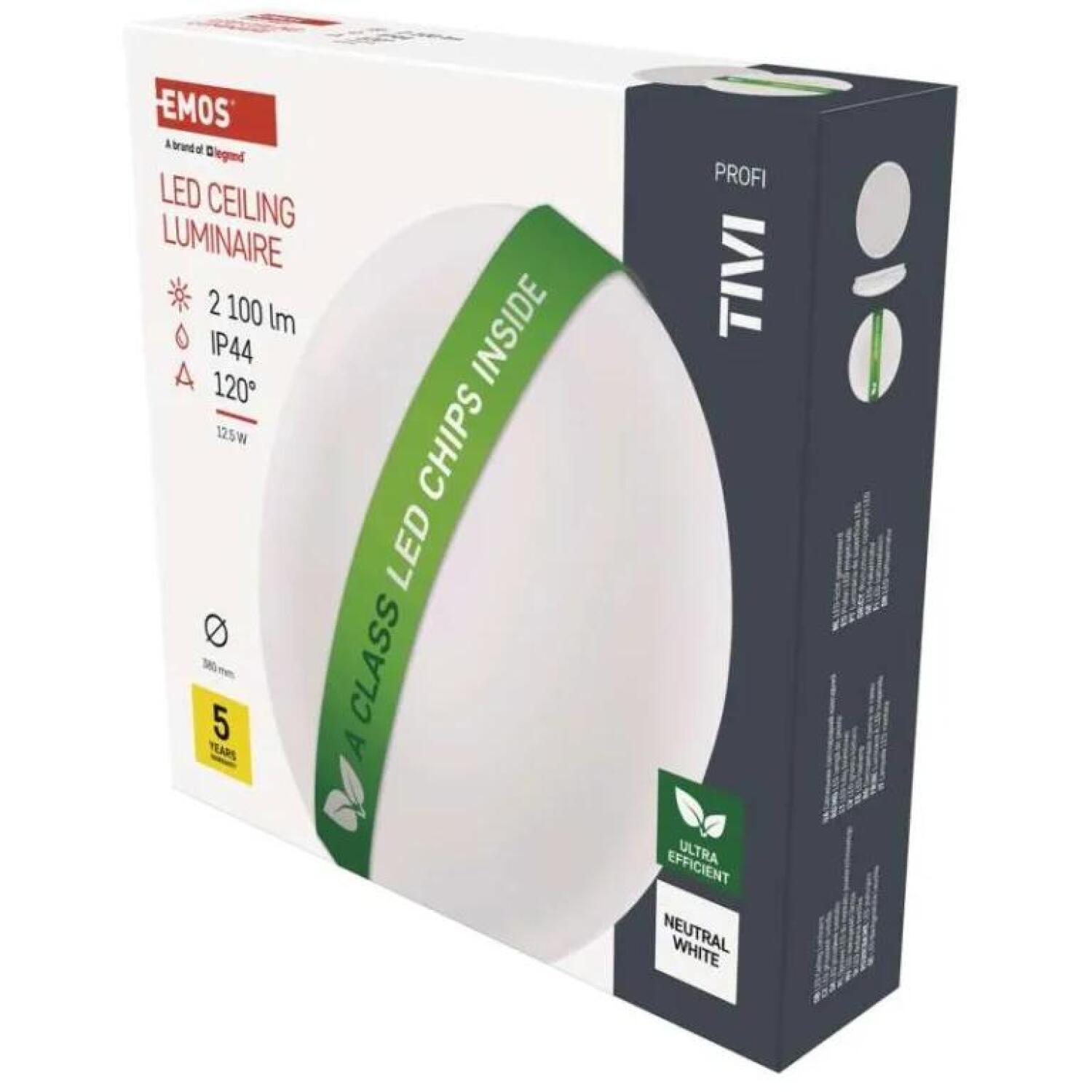 Emos LED потолочный светильник TIVI ZM3408, 12,5W, 2100lm, IP44, нейтральный белый, сталь, 4000K, 120°, настенный (ZM3408)