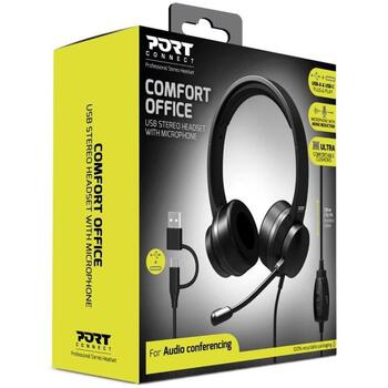 Port Connect austiņas 901605, USB-A, 32 Ohm, 20-20k Hz, 40 mm, stereo, mikrofons, omni, trokšņu slāpēšana, melnas (901605)