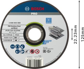 Griešanas ripa 125x22,2x0.8 mm, INOX, Mazām leņķa slīpmašīnām PRO STAINLESS STEEL AND METAL GRIEZĒJDISKS, 2608603488, BOSCH (2608603488)