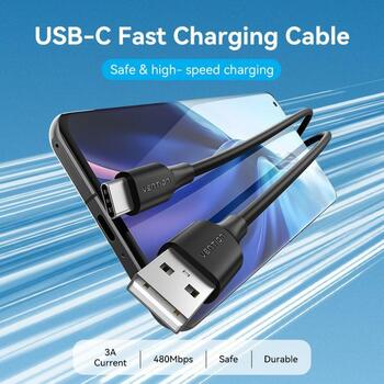 Vention USB 2.0 A Male uz C Male 3A kabelis 2M melns CTHBH, 2m, 3A, 0.48Gbit/s, PVC, Ni pārklājums (CTHBH)