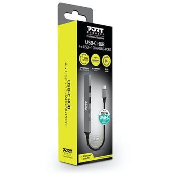 Port Connect USB centrmezgls 900163, 1xUSB-C, 1xUSB-C (jaudas piegāde), 2xUSB-A 2.0, 1xUSB-A 3.2, 100W, alumīnija korpuss (900163)