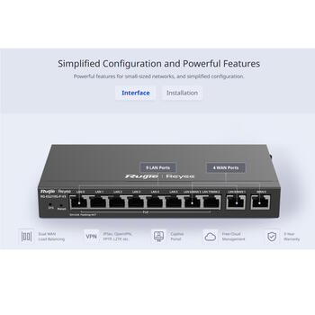 Ruijie RG-EG210G-P-V3 PoE+ гигабитный маршрутизатор, 5xGbE, 4xPoE+ 110W, 600Mbps, 100 пользователей, 256MB RAM, 32MB Flash, черный (RG-EG210G-P-V3)