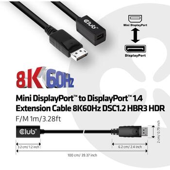 Club3D кабель-удлинитель DisplayPort CAC-1120 1м 8K60Hz DSC 1.2 HBR3 HDR, Mini DisplayPort F, DisplayPort M (CAC-1120)