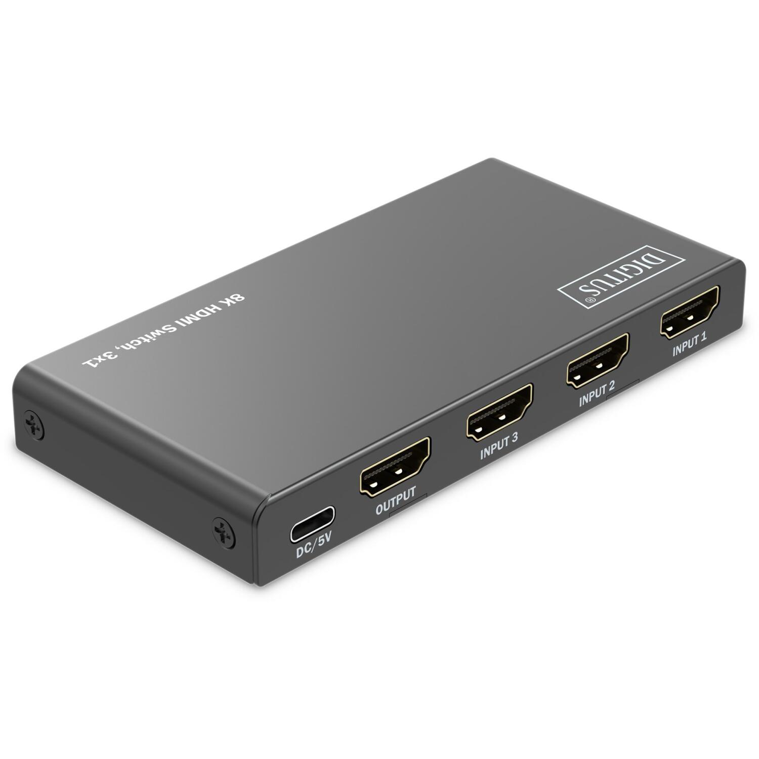 Digitus HDMI коммутатор, 3x1, DS-55333, 4xHDMI, 48Gbps, металлический корпус, поддержка HDR (DS-55333)
