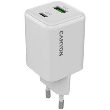 Kompakts sienas lādētājs ar GaN tehnoloģiju 45 W kopējo jaudu 1×PD un 1×QC ātrās uzlādes portu CU45AC EU Balts CNS-CUW45AC CANYON (CNS-CUW45AC)