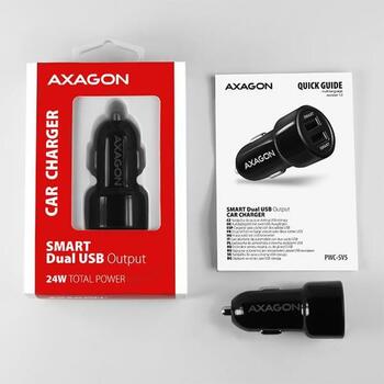 Axagon Lādētājs automašīnai PWC-5V5 24W, 2x USB-A 5V/2.4A, strāvas adapteris, 12-24V, melns, ātrā uzlāde, OCP, OVP, OTP, OSP (PWC-5V5)