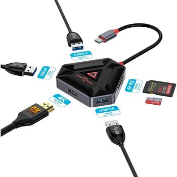 White Shark HEXAGON USB centrmezgls, 6 porti, USB 3.0, 5Gbps, HDMI 4K 30Hz, SD/Micro SD, melns/sudrabs (HEXAGON)