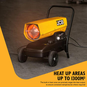 JCB JCB-SH215DP24 dīzeļa un petrolejas sildītājs telpu un halles apkurei 63kW 215000BTU 50L 5.8L/h līdz 1300m³ ar termostatu un riteņiem (JCB-SH215DP24)