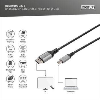 Digitus DisplayPort kabelis DB-340106-020-S, 2 m, 8K60Hz atbalsts, 4K144Hz atbalsts, MST, 80 Gbps (DB-340106-020-S)
