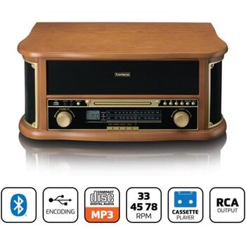 Lenco TCD-2551WD проигрыватель, 33/45/78 об/мин, 2x5 Вт, Bluetooth 5.0, AM/FM, CD, кассета, USB MP3, дерево (TCD-2551WD)