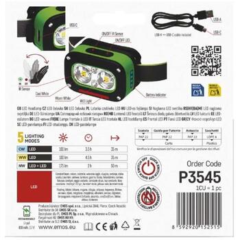 Emos LED налобный фонарь P3545, 175 лм, 50 м, Li-pol 800 мАч, 3x LED, 5 режимов, USB-C, ударопрочный, водонепроницаемый (P3545)